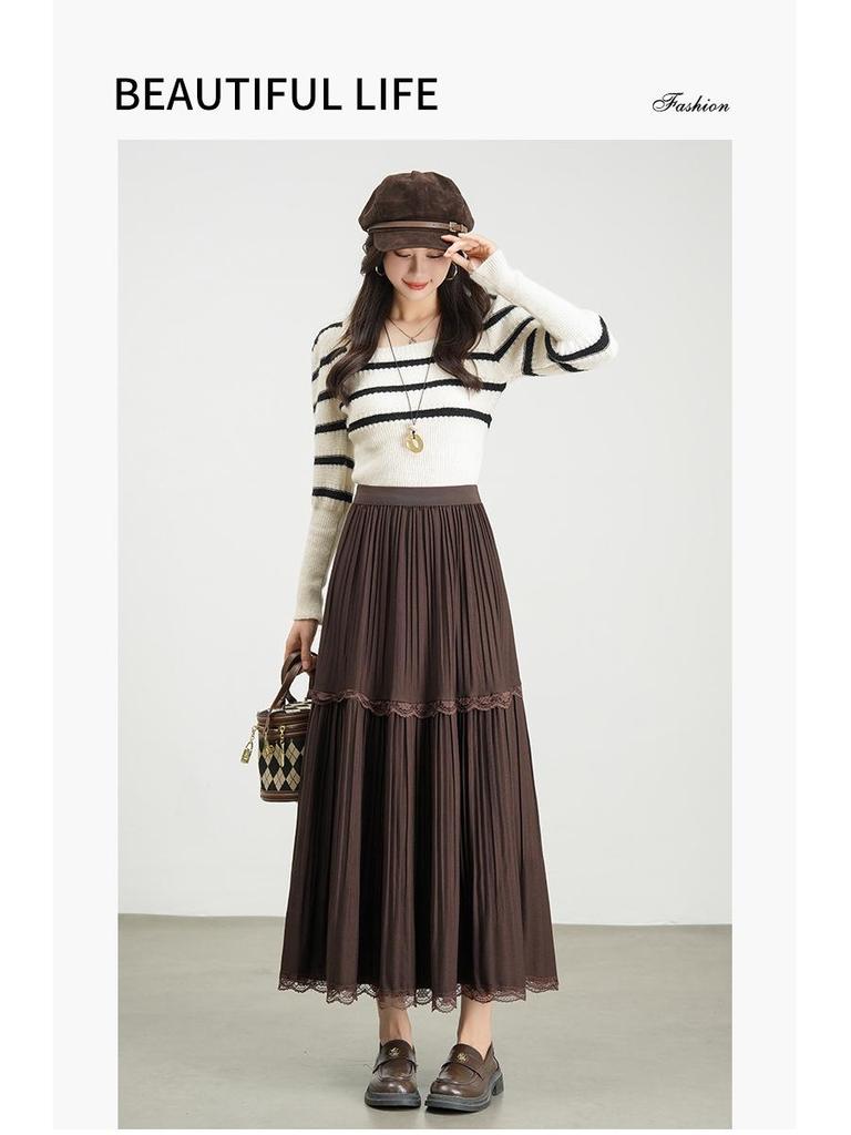 Autumn 2025 Korean-Style Lace Patchwork Pleated Skirt for Women with Elastic Waist