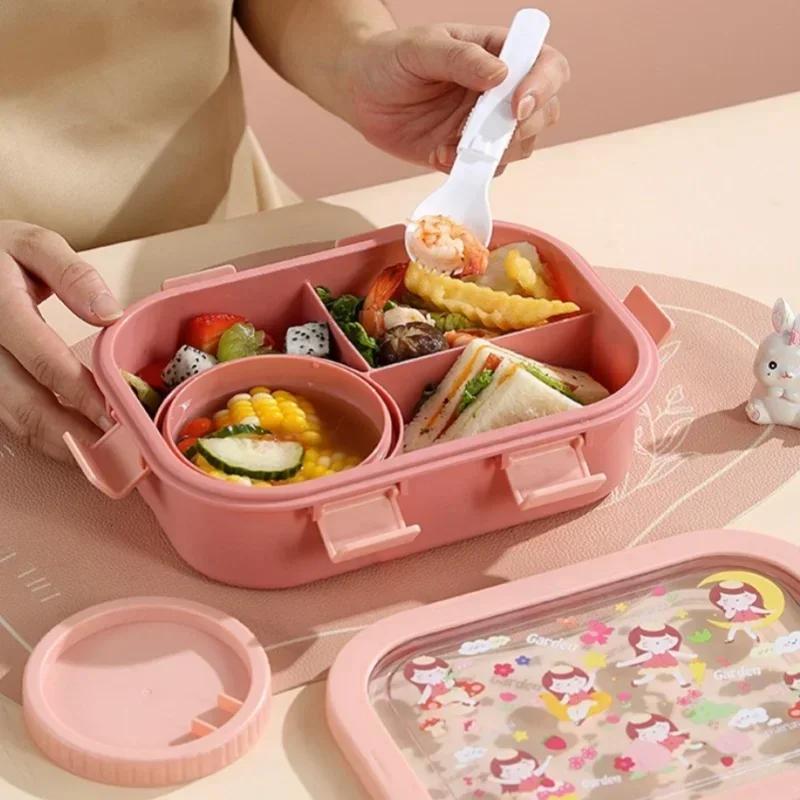 1000/1350ml Portable Cartoon Bento Box with Soup Bowl Lunch Box Buckle Design Sealed Leak-proof Picnic Food Storage Container