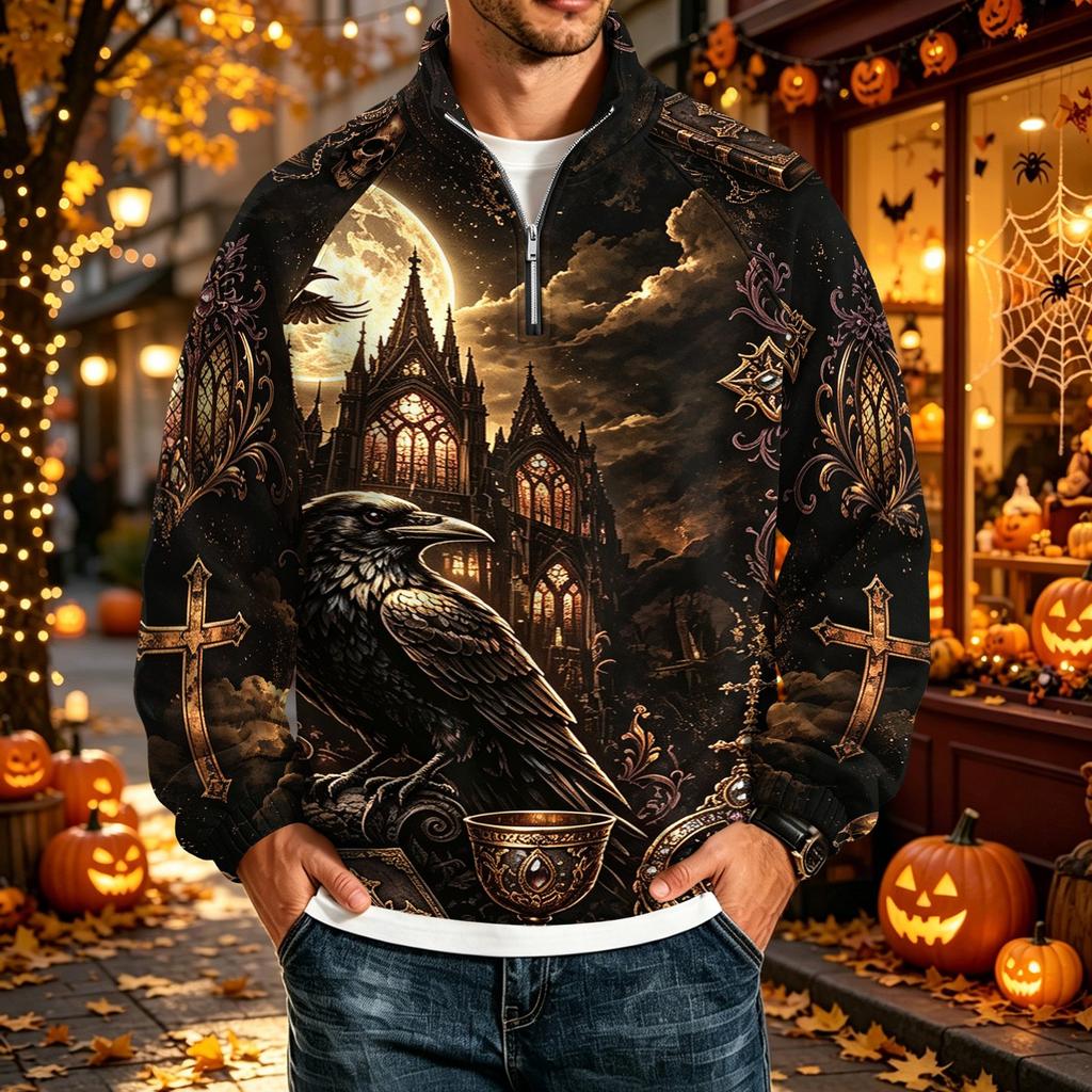 Men's Halloween Print Raglan Sweatshirt Loose Fit Stand Collar Casual Top