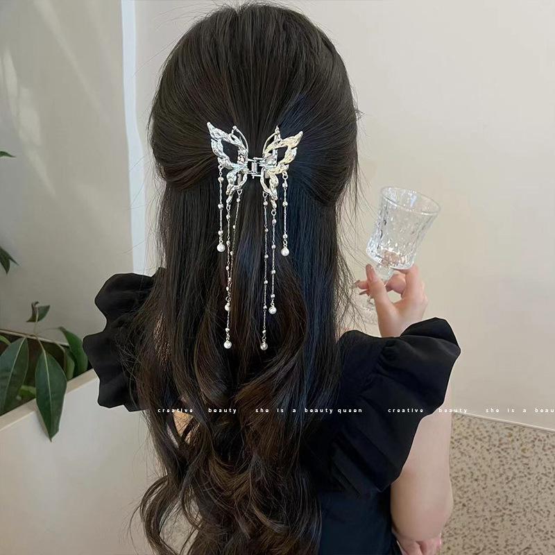 Elegant Hollow Butterfly Tassel Hairpin Female Head Super Fairy Half Tie Hair Clip Hairpin Shark Clip Headgear Clip