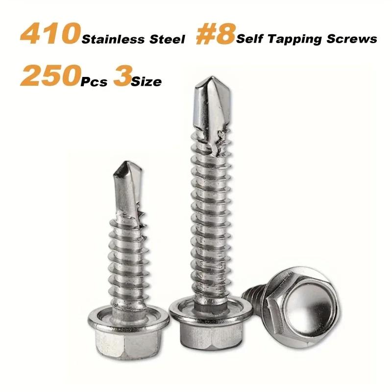 250pcs 410 Stainless Steel Self-Tapping Screws Kit , Hexagonal Self-Drilling Screws for Metal/Furniture