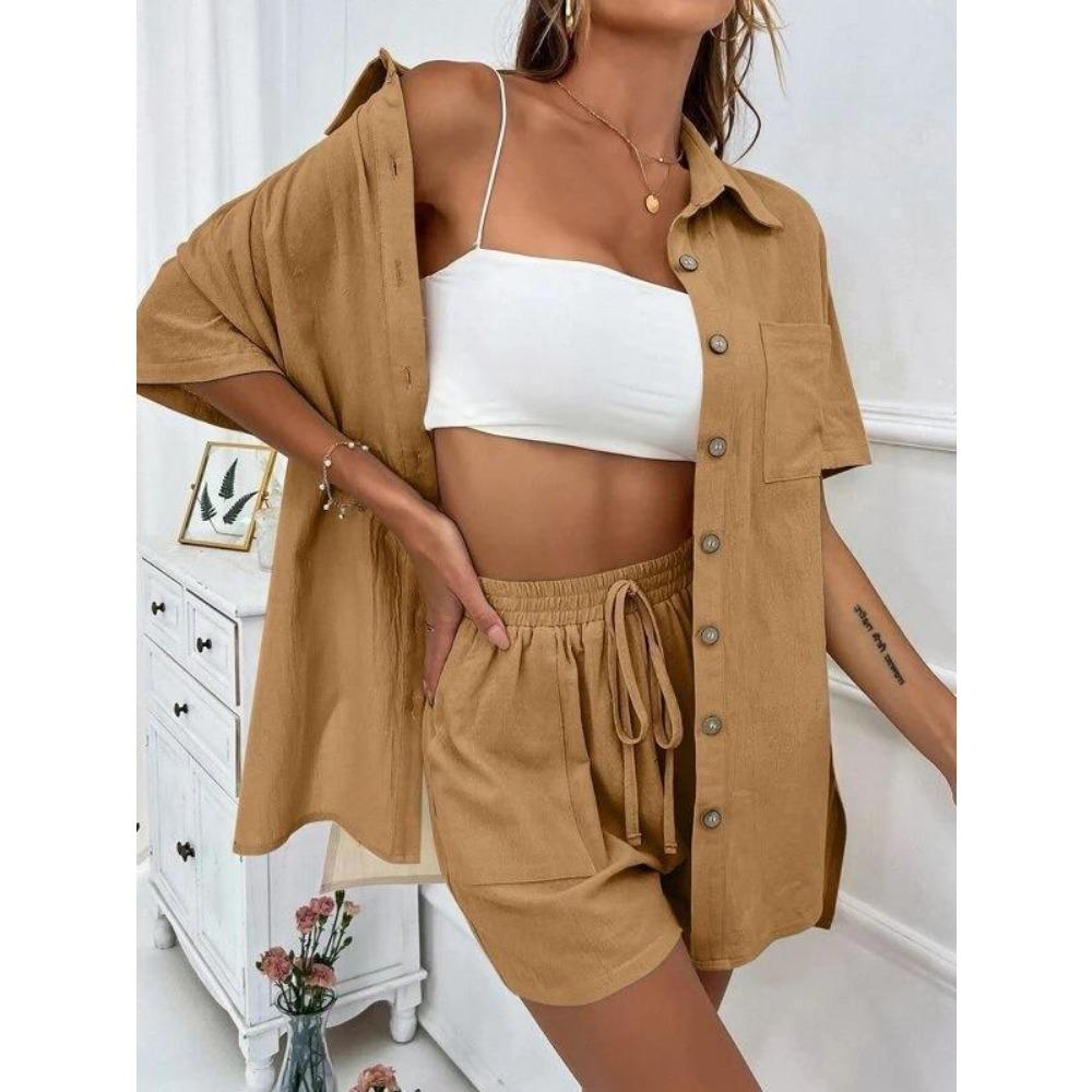 European American Outdoor Street Women's Shirt Shorts 2-piece Set Summer Women's Short Sleeved Shirt Shorts Home Vacation Casual Women's Set