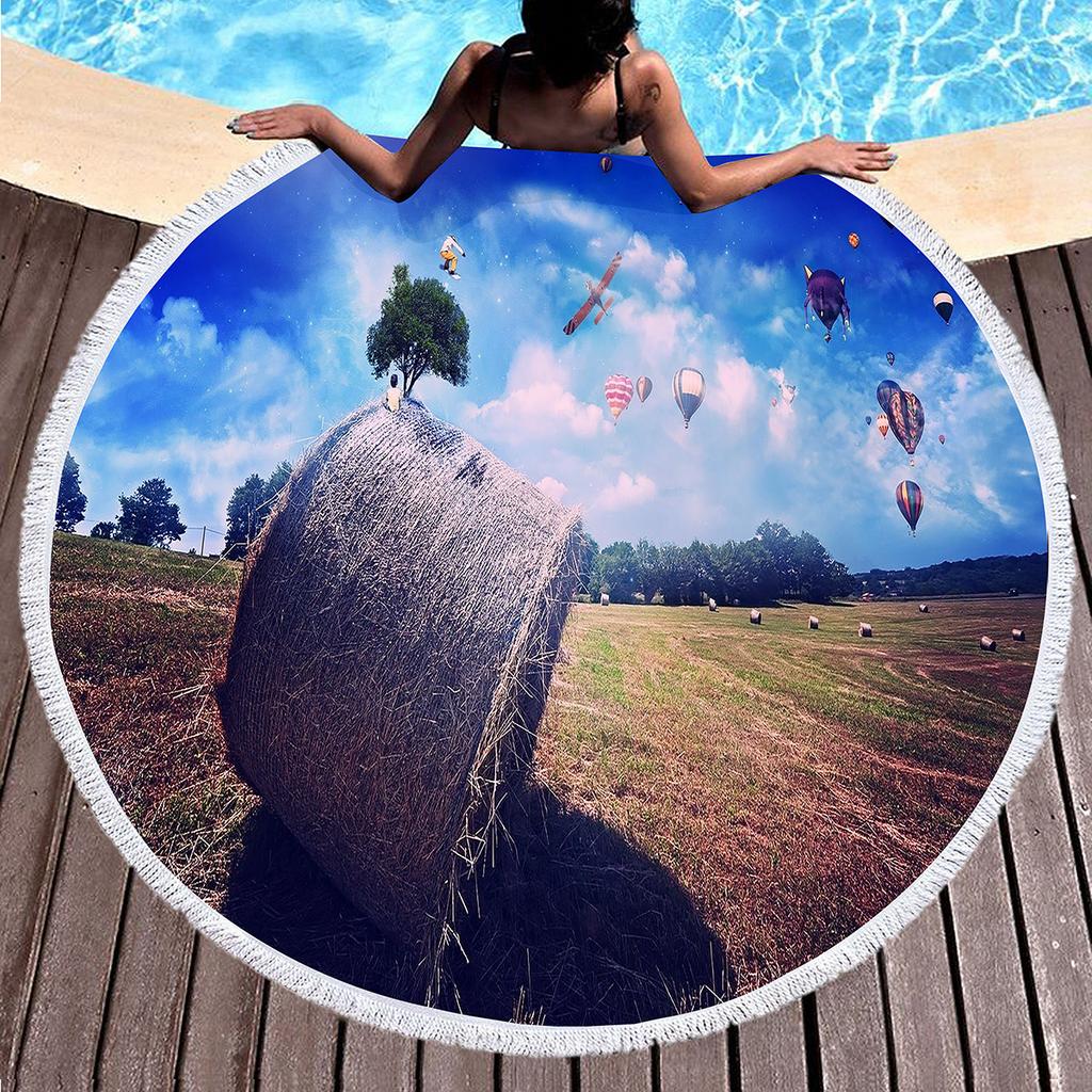 Romantic Round Beach Blanket,Hot Air Balloon Print Beach Towel,Anti-Sand Absorbent Quick-drying Pool Towel,Portable Picnic Mat