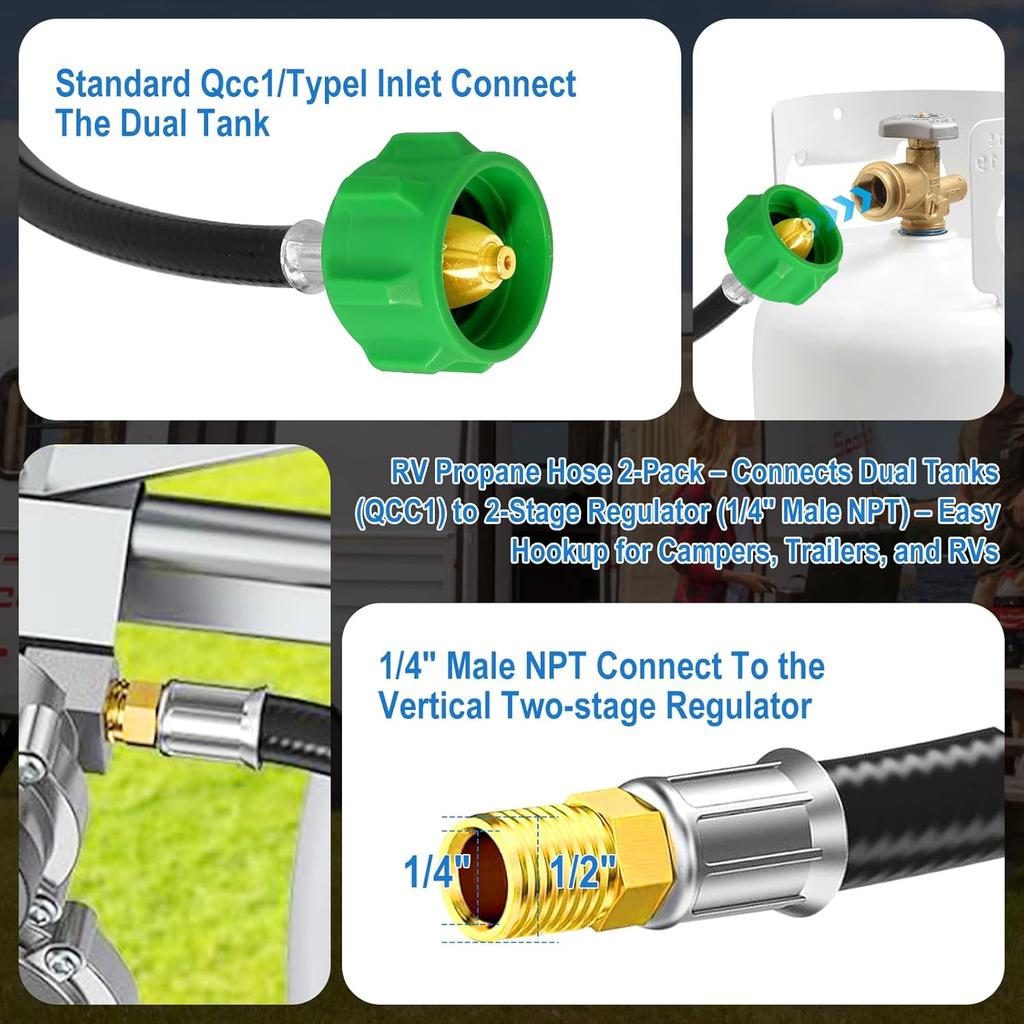 2 Pack 15" RV Propane Hose With 1/4" Male NPT & Qcc1/Typel,Propane Hose-Camper Propane Hose For RV Two-Stage Regulator-Dual LP Tank,Propane Tank Hose