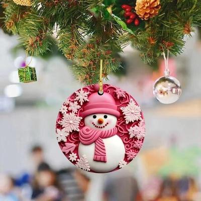 2D Cute Christmas Snowman Printed Pendant Acrylic Double-Sided Printing Round Card Xmas Ornaments Decoration For Christmas Tree