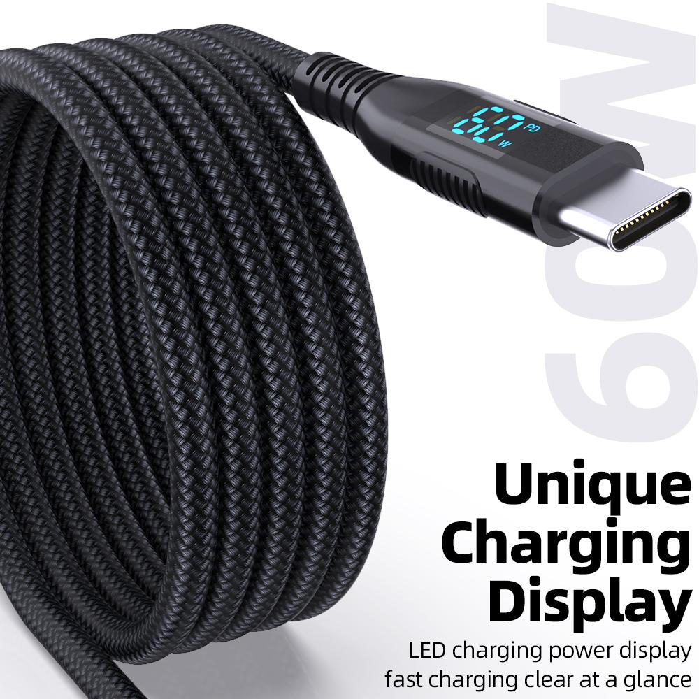 

1m USB-C to USB-C Cable Digital Display 3A/20V 60W Fast Charging Braided Data Cord for Smartphones Tablets Red