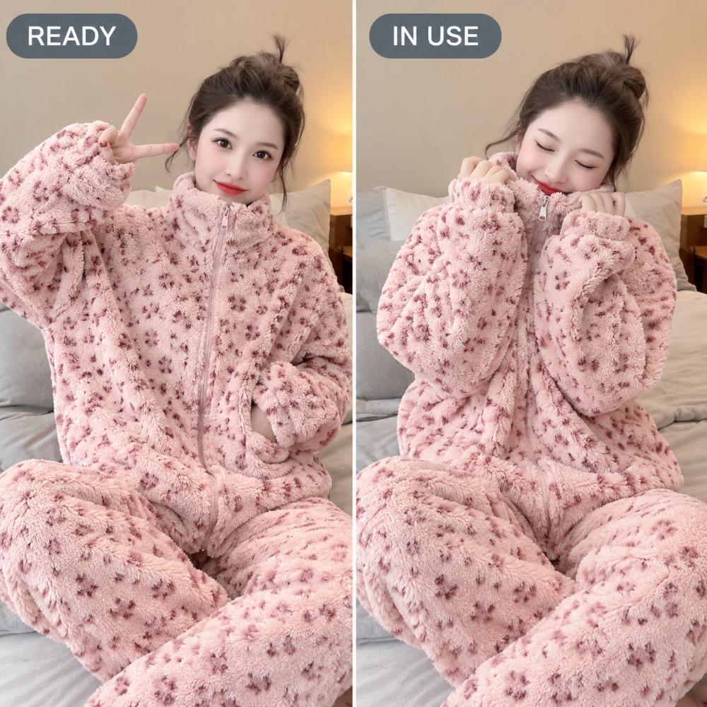 **Kadın Flanel Pijama Takımı Yuvarlak Yaka Jakarlı Uzun Peluş Kalın Sıcak Ev Giyimi**