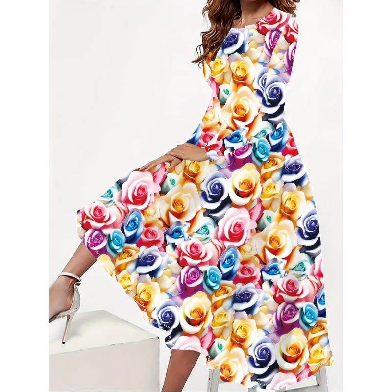 Plus Size Casual Dress, Women's 3D Printed Long Sleeve Round Neck Slightly Stretch Long Dress