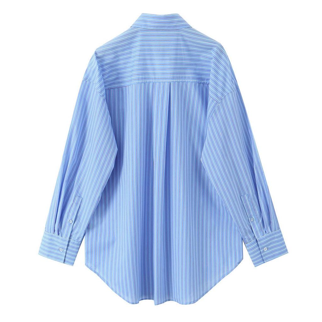 2025 Spring Women's Striped Long-Sleeve Shirt and Pants Set with Lapel Collar