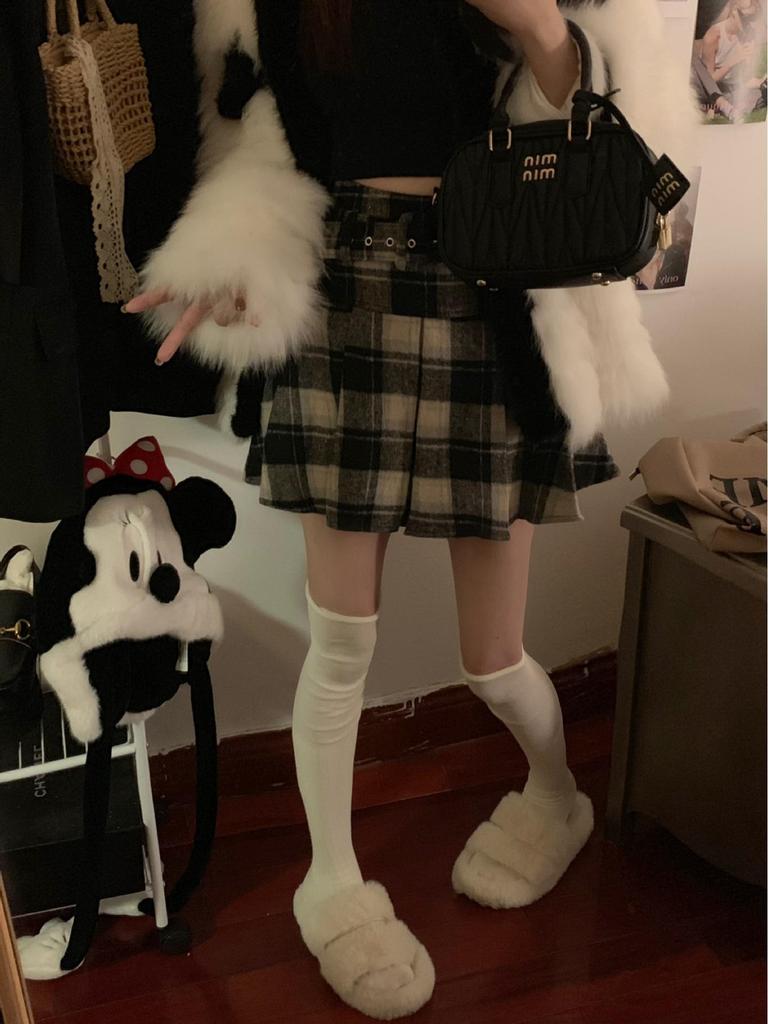 Autumn 2025 Women's High Waist Plaid Wool A-line Skirt with Belt