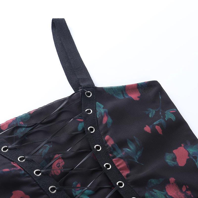 Gotické šaty pro ženy, tmavě hnědé síťované šaty s potiskem, dvoudílná sada, podzimní nová krátká sukně s vysokým pasem