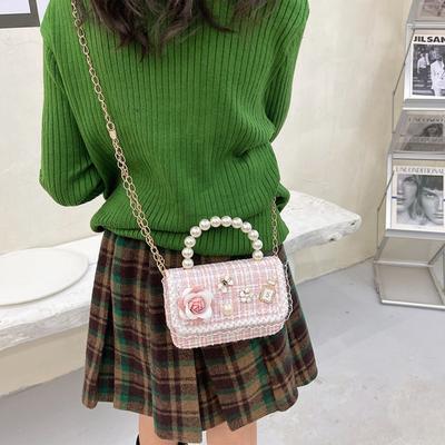 Pearl Handle Crossbody Bags Flower Decoration Kid's Handbag New Small Square Bag  Children
