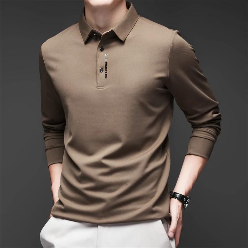 Camisa nueva de manga larga para hombre de negocios casual con insignia, polo de color sólido, moderna, transpirable, cómoda, versátil