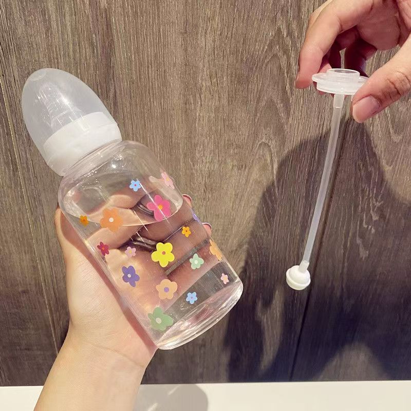 Cute Cartoon Plastic Water Bottle Pacifier Straw Cup Suitable For Adult Children Milk Drinking Bottle Flower Baby Feeding Bottle