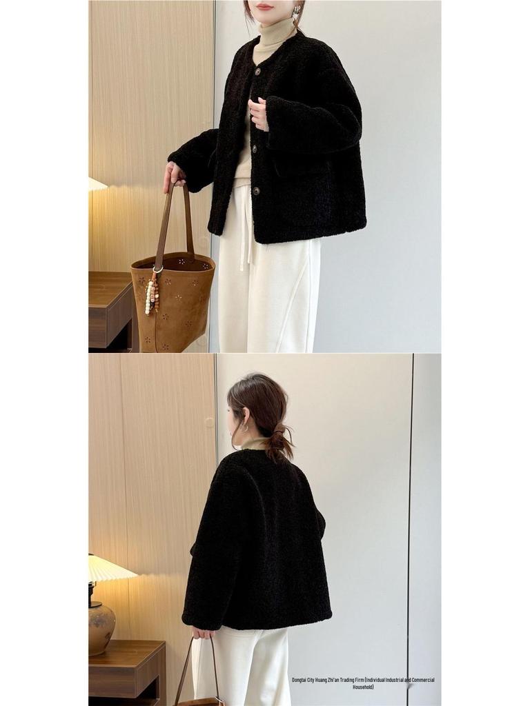 Women's Shearling Coat 2025 Autumn/Winter: Versatile Korean Style, Age-Reducing Loose Fit, Round Neck Top