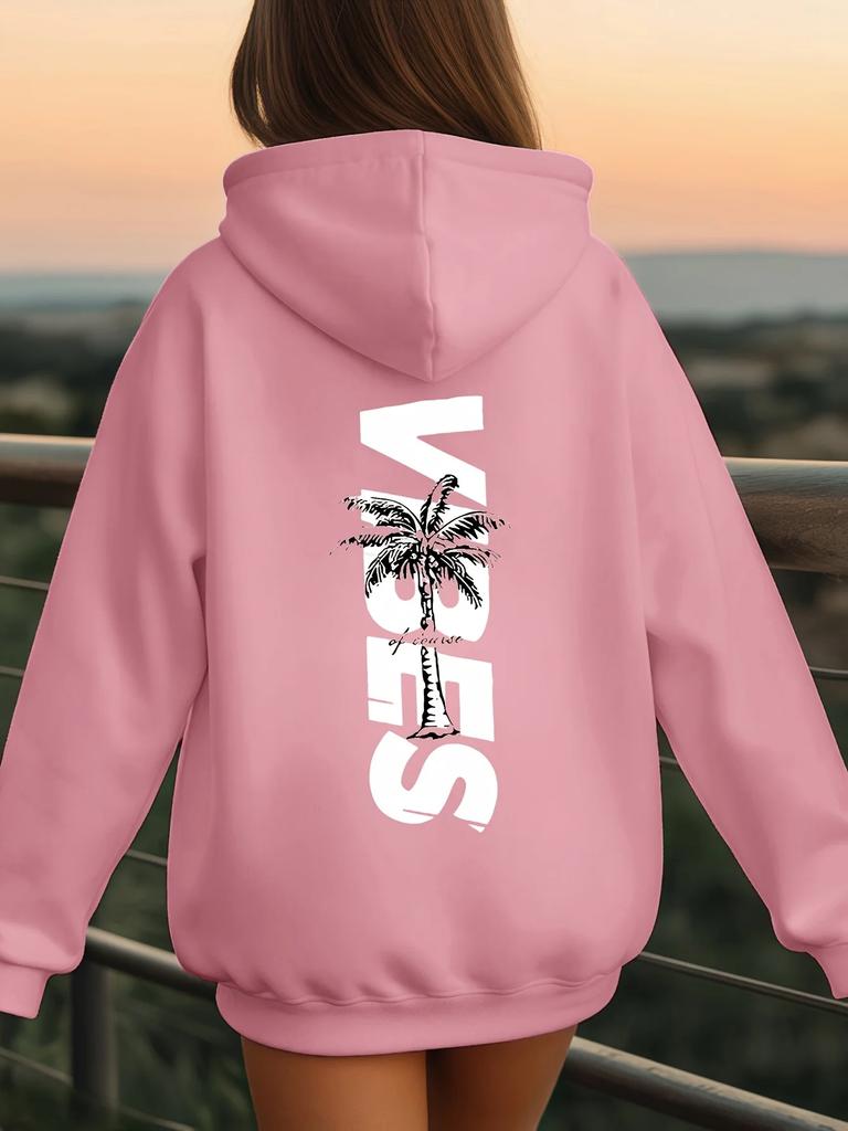 Children Vintage Palm Tree Hoodie Back Side Vibes Letter Print Pullover Autumn Winter Fleece Warm Trendy Kids Hooded Sweatshirt