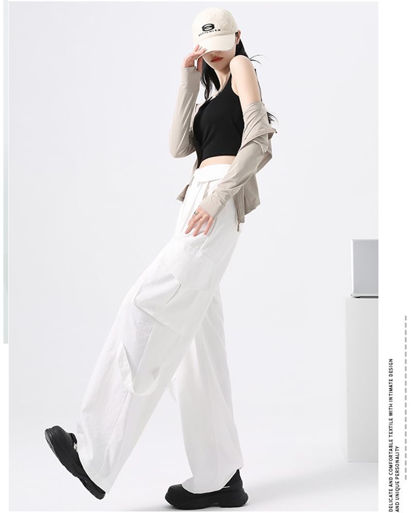 LUJPOIR Cargo Long Pants with Elastic Waist and Relaxed Loose Solid Color White Size M Women's Pants, Drawstring, Fit, Sweatpants, Fit, Casual,