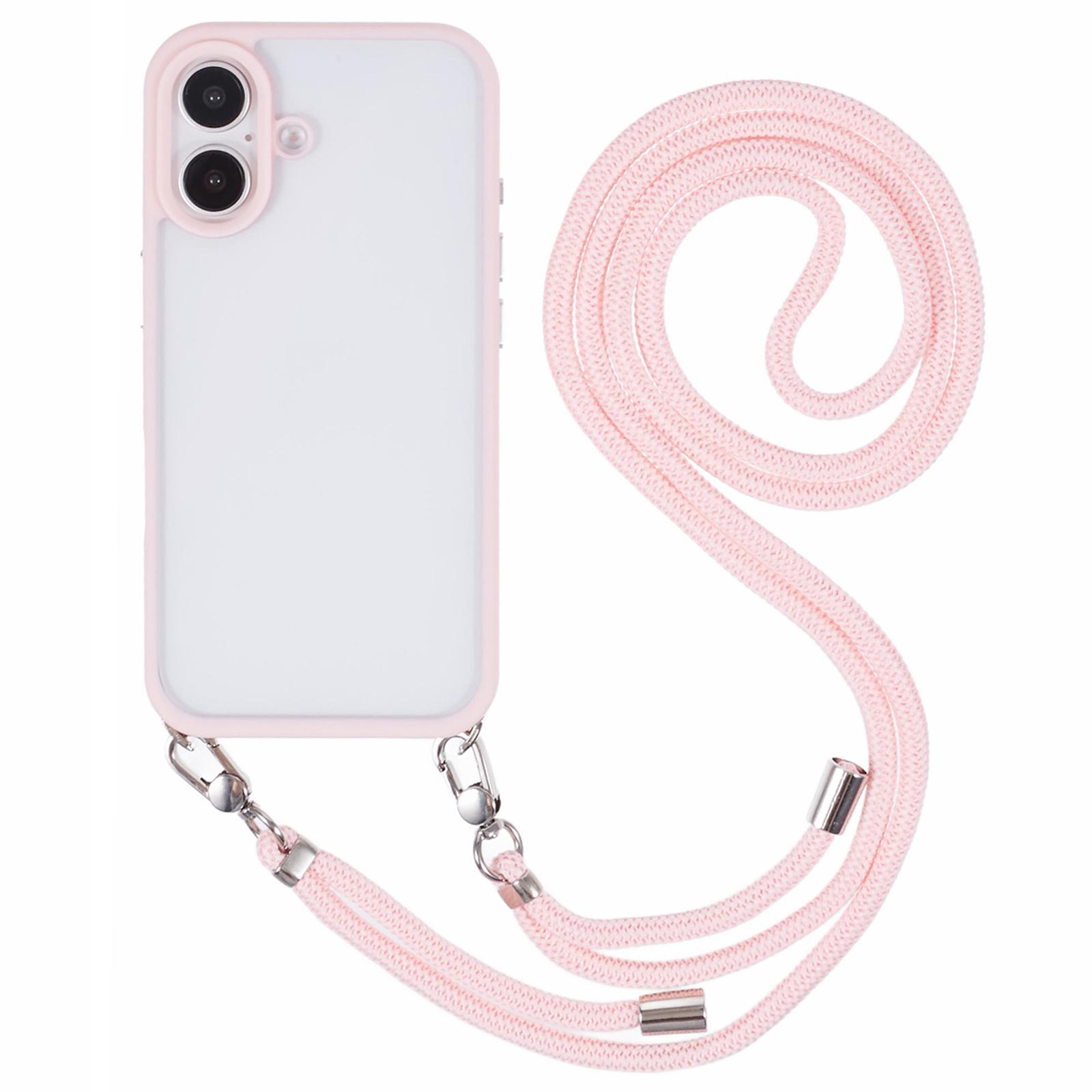

For iPhone 16 Case TPU+PC Crystal Clear Back Cover with Lanyard Pink