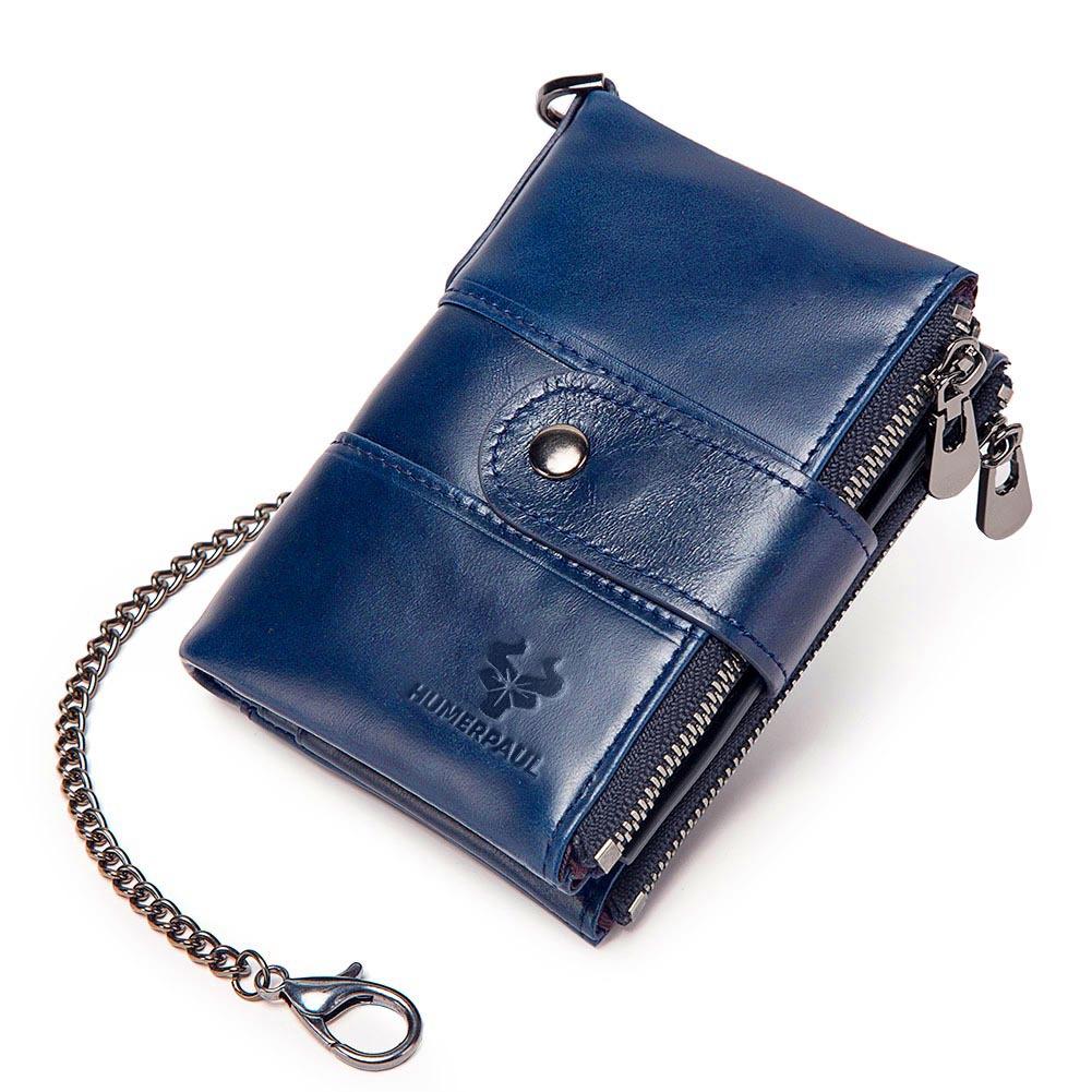 

Кожаный кошелек с защитой от скимминга, многофункциональная застежка и молния, винтажная мужская сумка из кожи Crazy Horse, повседневный кошелек для мелочи синий