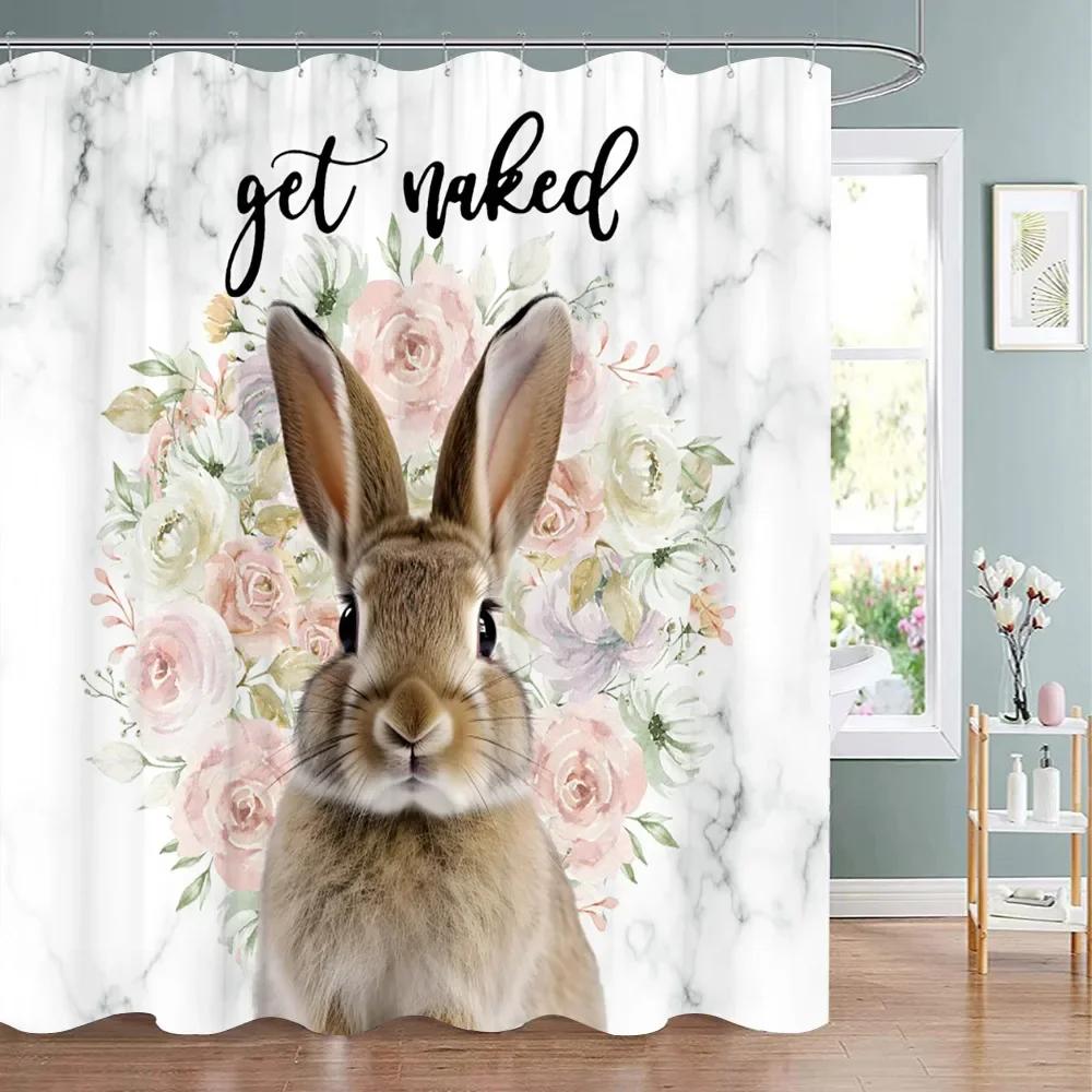 Happy Easter Bunny Shower Curtain Farm Truck Bunny Eggs Butterfly Elf Washable Polyester Fabric Hanging Curtains Bathroom Decor