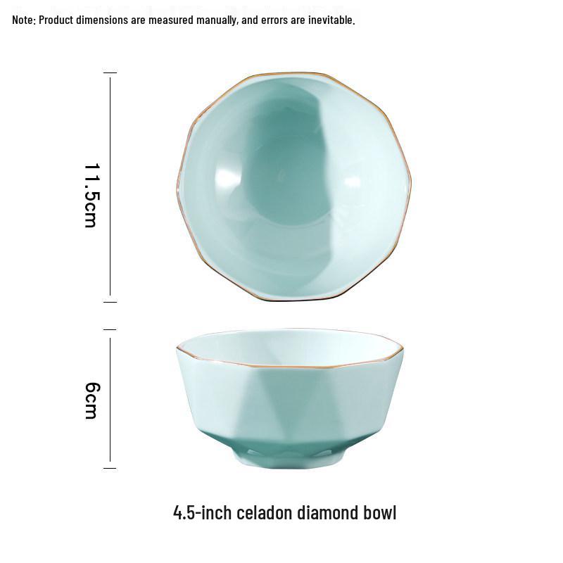 Nordic Style Celadon Luxury Set: Gold-Rimmed Rice, Soup, & Fruit Bowls with Plate 4.5-inch Gold Rim Celadon Diamond Bowl 4 pcs