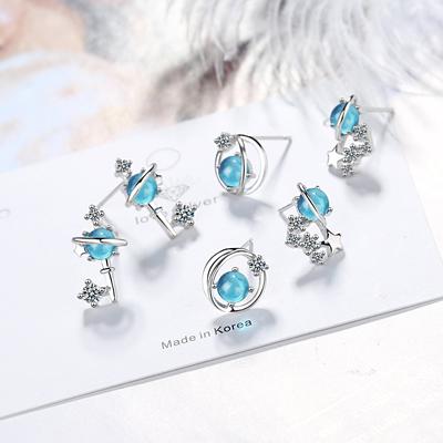 Neues Design Traumblauer Kristall Universum Planet Ohrstecker Glitzernde Sterne Zirkon Ohrring Für Frauen Geschenke S-E1001