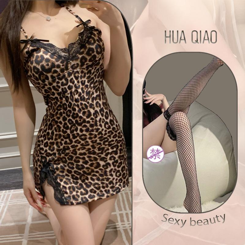 Sexy lingerie leopard print flirting suspenders women's bra nightgown passion pajamas seduction lace skirt