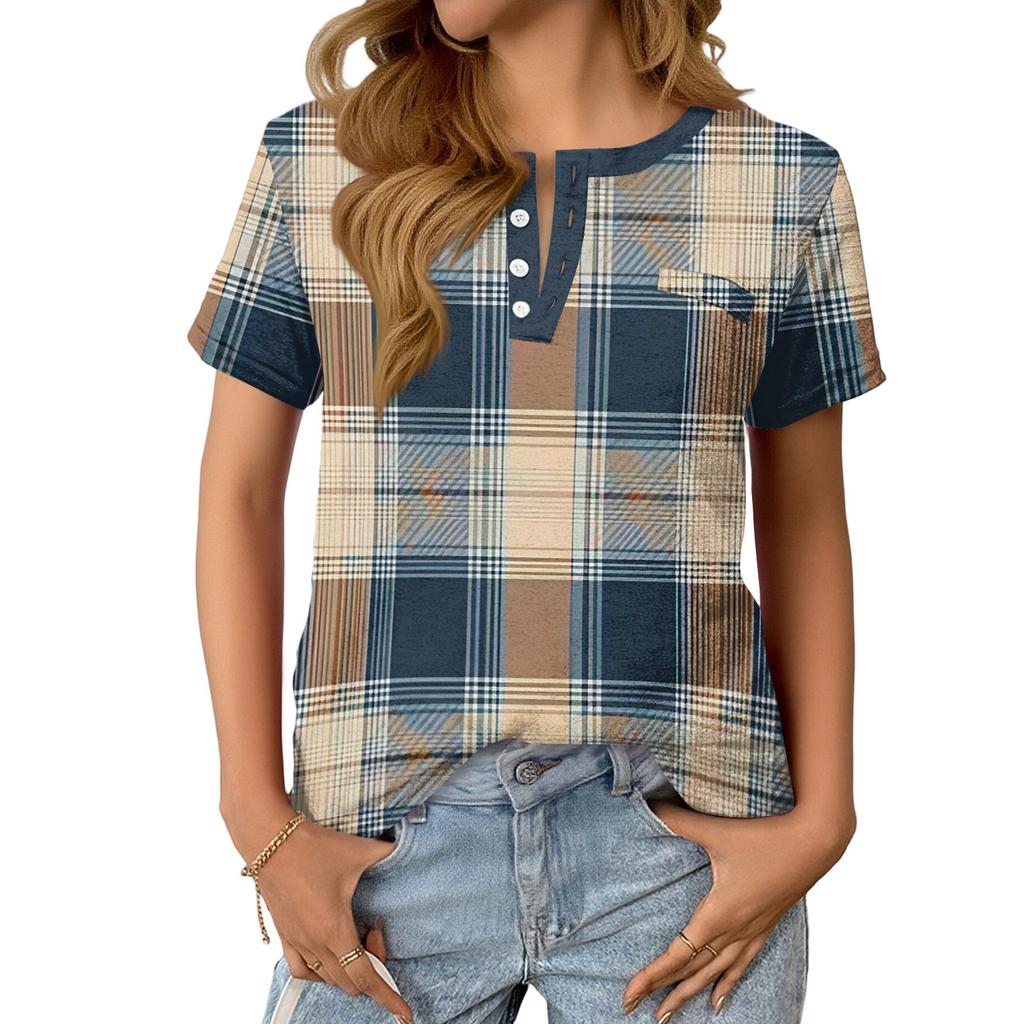 Modisches Lässiges Sommer-Karomuster V-Ausschnitt Knopf Kurzarm-Oberteil für Damen