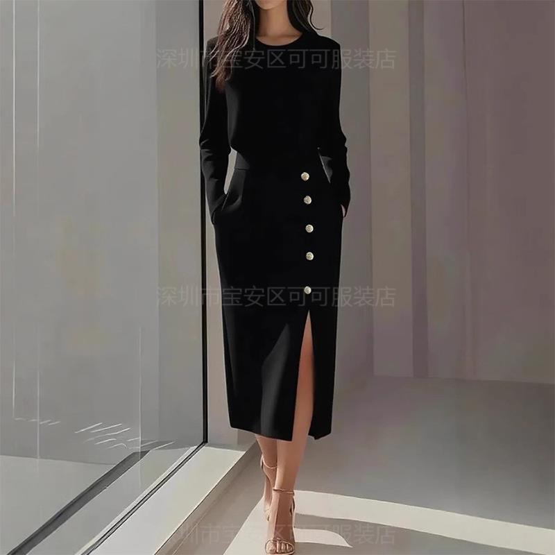 Fashion Royal Sister Style Solid Color Round Neck Waist Split Metal Button Long Sleeve Dress Women