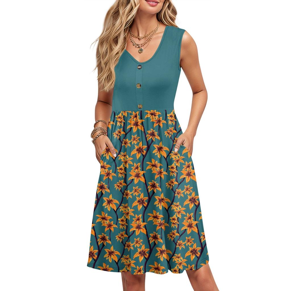 Women Summer Printing Dresses Sleeveless Casual Loose Swing Button Down Midi Sundress With Pockets