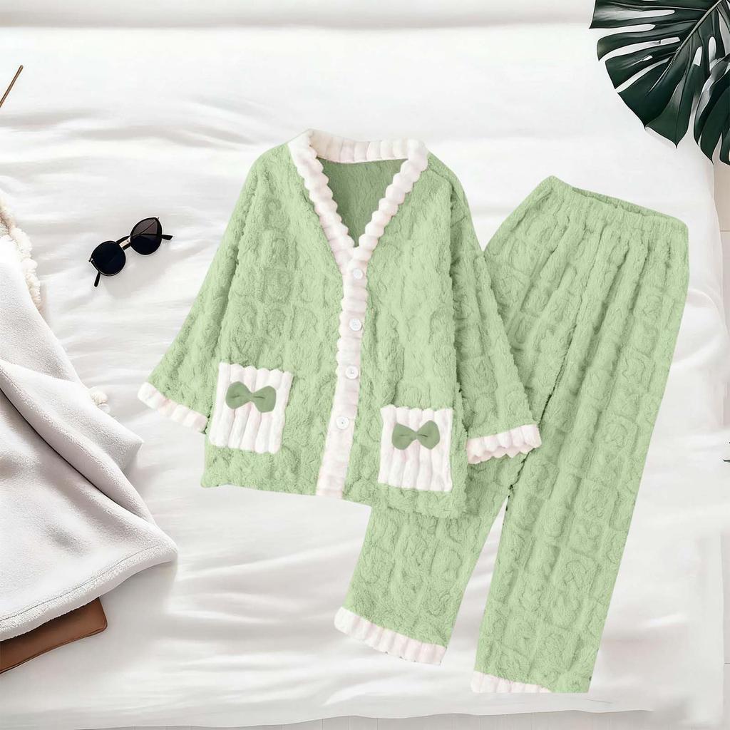 Damen Langarm Flanell Verdickt Warm Hausanzug Strickjacke Set für Oberbekleidung