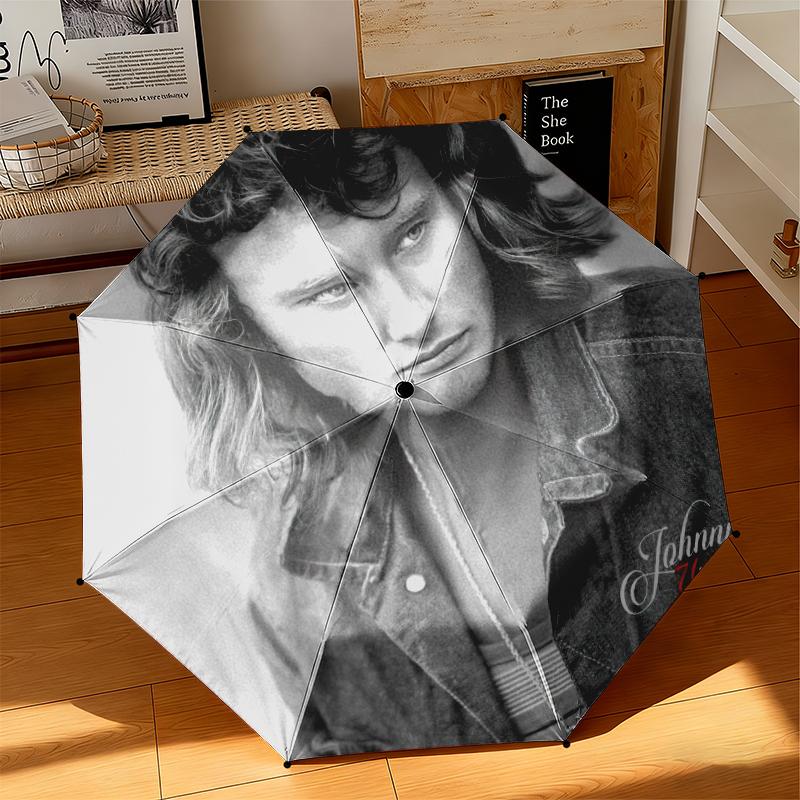 1pc Johnny Hallyday Retro Poster Umbrella Portable Folding Umbrella Iron Frame Hole Bone Structure Outdoor Home Umbrella