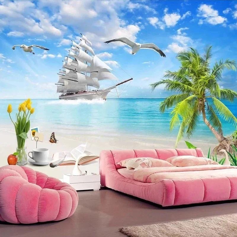 Mural Wallpaper 3d Seaside Landscape Coconut Tree Photo Wall Painting Living Room Bedroom Hotel Wallpaper