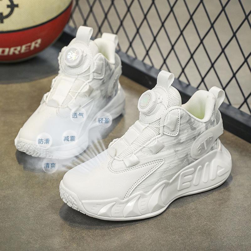 Popular children and boys soft-soled running shoes wear-resistant and non-slip middle and older children's sports shoes rotating button mesh basketba