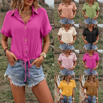 Damen Sommer Einfarbig Knopfleiste Cardigan Schnürung Kurzarmhemd Damen Oberteil Blusen & Hemden