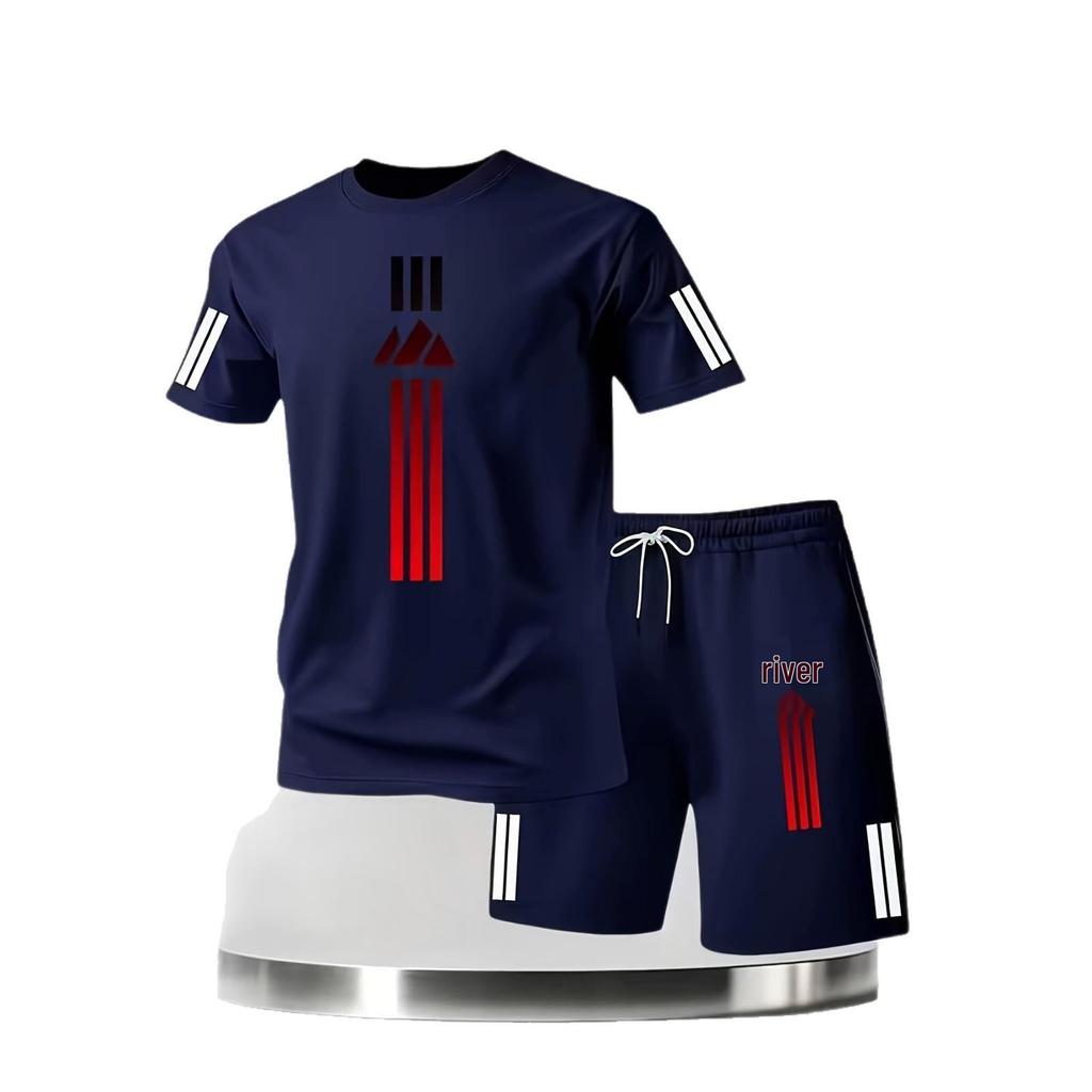 Men's Quick-Dry Mesh Sports Suit: Vertical Stripe Short Sleeve T-Shirt & Shorts Two-Piece