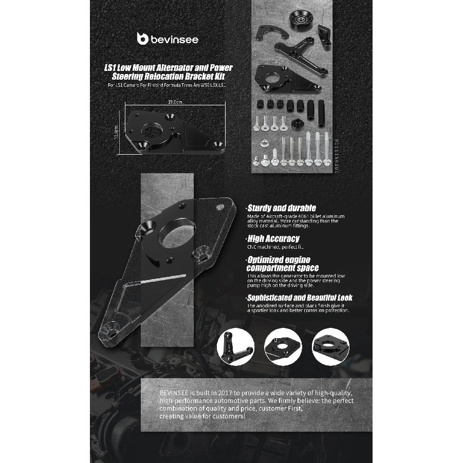 BEVINSEE Low Mount Alternator and Power Steering Relocation Bracket Kit for 1998-2002 LS1 Camaro Z28