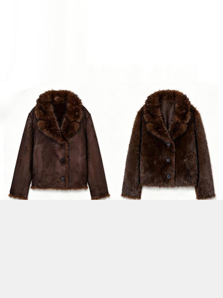

Женская двусторонняя зимняя куртка Женская замшевая куртка из искусственного меха Женский теплый топ на пуговицах с воротником Коричневая Осень и Зима S