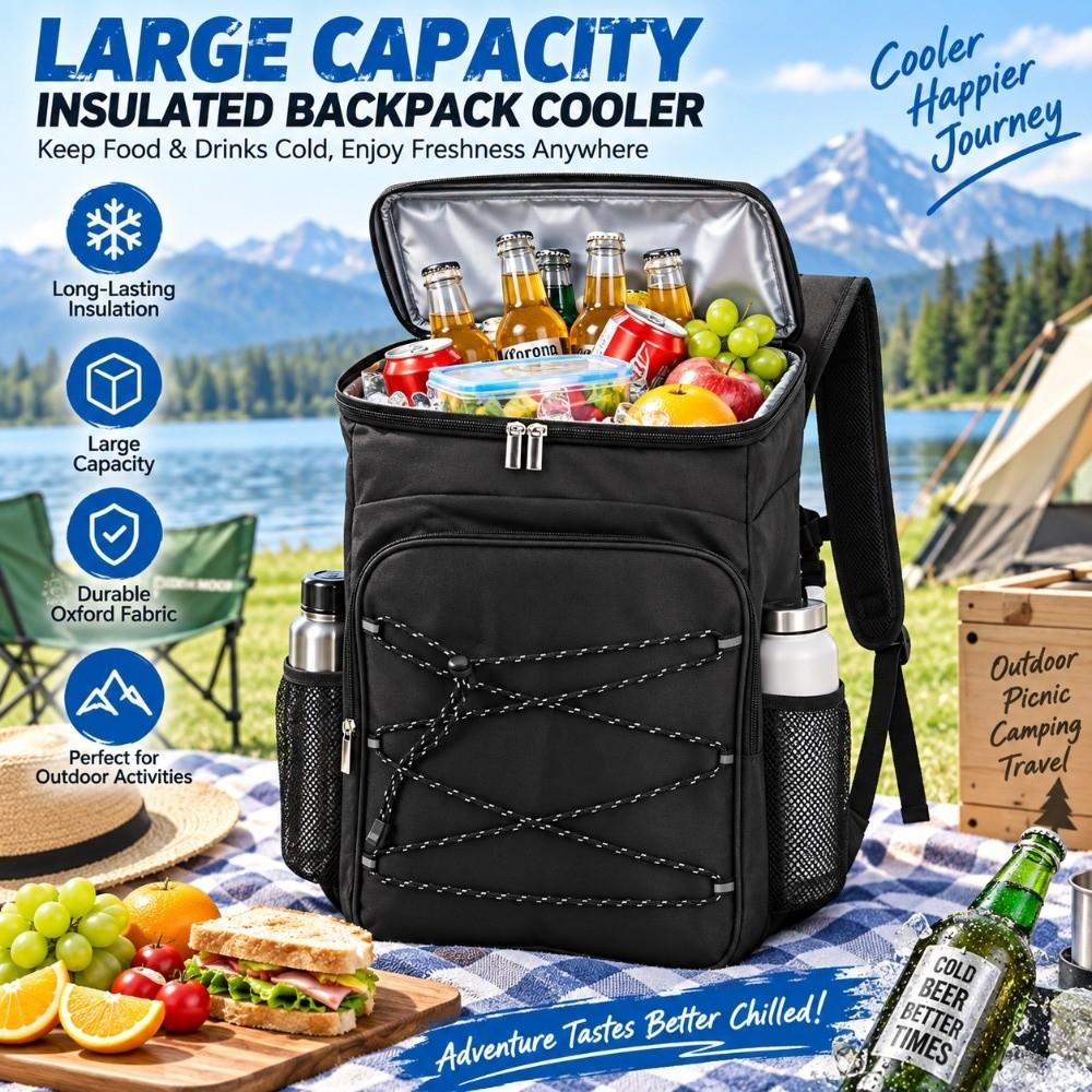 Oxford Cloth and PEVA Cooler Backpack Black Leak Proof Backpack Insulated Cooler Bag  For Travel