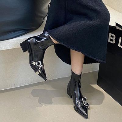 Square Heel Soft Leather Fashion Boots Pointed Boots Children Square Heel New Women's Boots Beautiful Boots Thin Boots Zipper