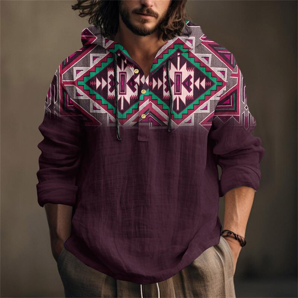 Printed Men's Cotton And Linen Shirt Hooded Long-sleeved Hooded Spring And Summer Casual Daily Wear