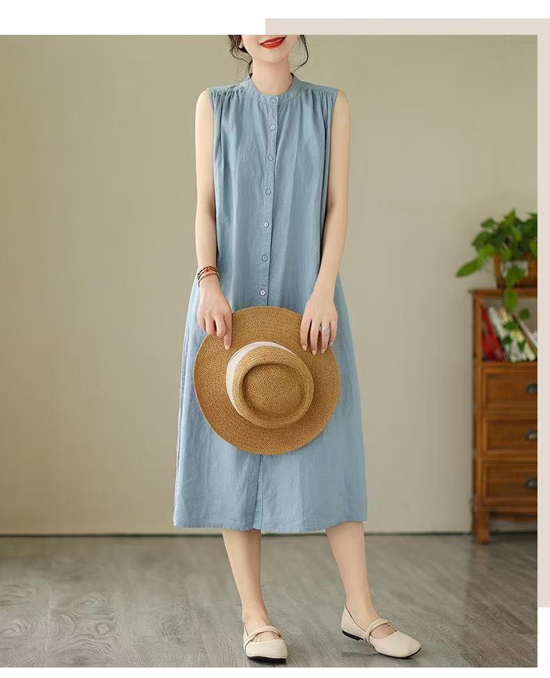2026 New Summer Casual Sleeveless Cotton Linen Dress - Slimming, Loose Fit, Solid Color
