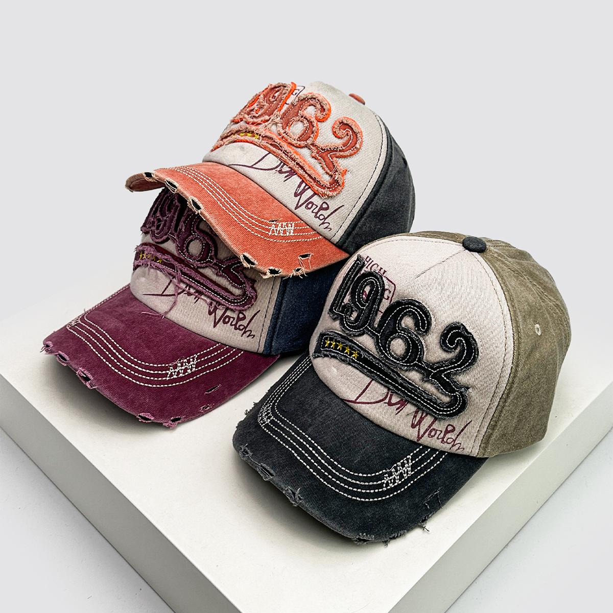 Yiran Bag Women's New Unisex Patch 1962 Letters Broken Style Baseball Hats Sunshade Color Block Versatile American Vintage Peaked Caps Fashion Ins 52-60Cm