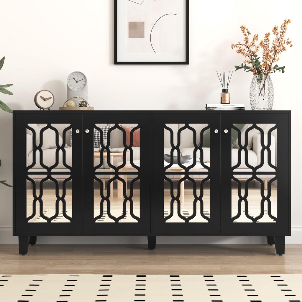 Sideboard Chest of Drawers Mirrored, Sideboard with 4 Doors, Modern Side Cabinet Multipurpose Cabinet with Adjustable Shelf