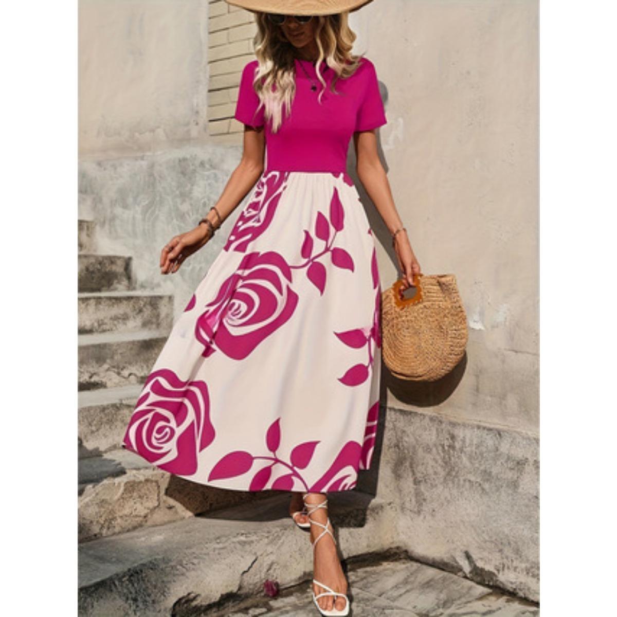 New Summer Women s Floral Print Knit Dress, Slim Waist Flared Short Sleeve Casual Dress for Women, European Style Crossbody Apparel S розы красного