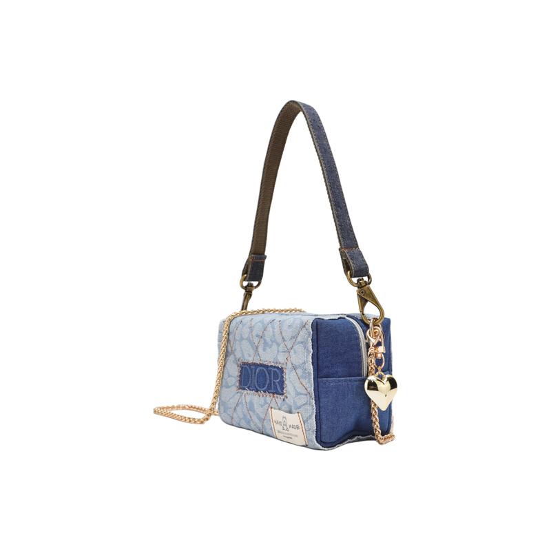 Dior DIY-Style Makeup Bag: Flame-Print Heart-Shaped Patchwork Denim, Hand-Stitched, Vintage and Versatile, Retro Style, Fashion Classic, Blue