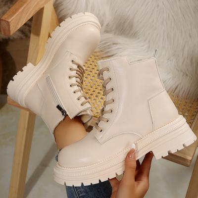 Pu Leather Warm Motorcycle Boots Women Lace-Up Plush Winter Ankle Boots Woman Balck Beige Flat Heel Non-Slip Cotton Botas Mujer