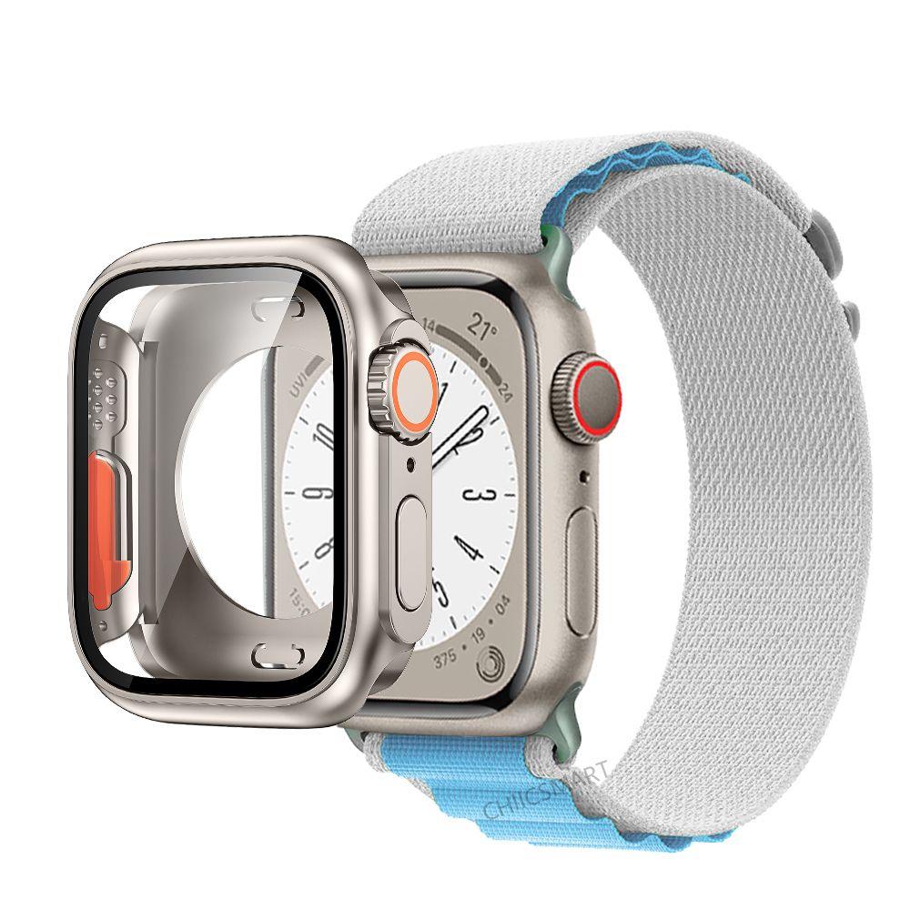 Correa de nailon con cubierta de vidrio para Apple Watch, carcasa de 44mm, 45mm, 40mm y 41mm, Protector de pantalla con correa, IWatch Series 56 Se 7 8, giro a Ultra