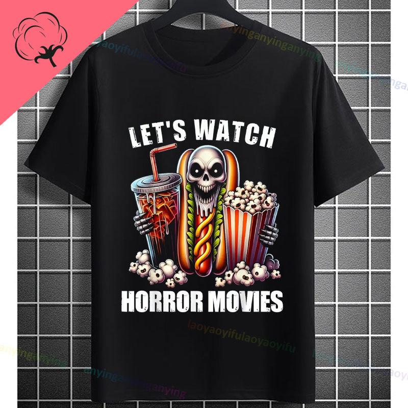 Retro Lets Watch Horror Movies Design Halloween Movie Lovers Graphic Tshirt Short Sleeve 100cotton Originality Casual Tshirt