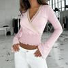 Spicy Girl Pink Lace Patchwork Ruched V-Neck Base Shirt